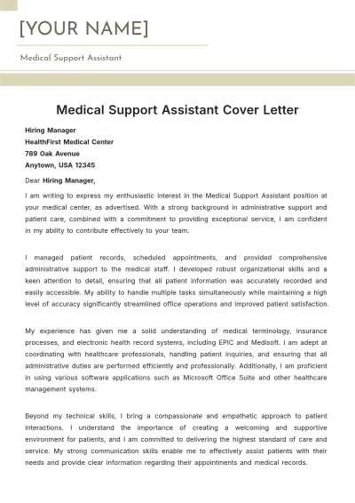 Free Medical Support Assistant Cover Letter to Edit Online