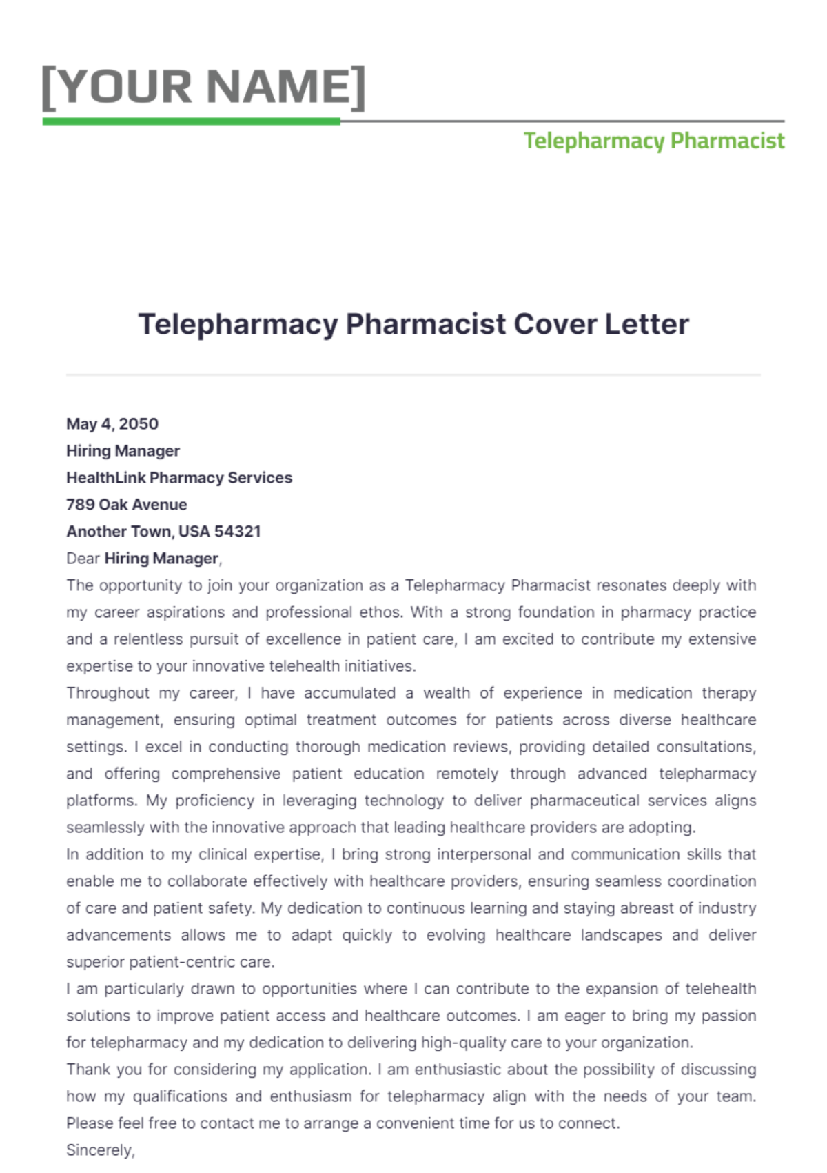 Telepharmacy Pharmacist Cover Letter - Edit Online & Download