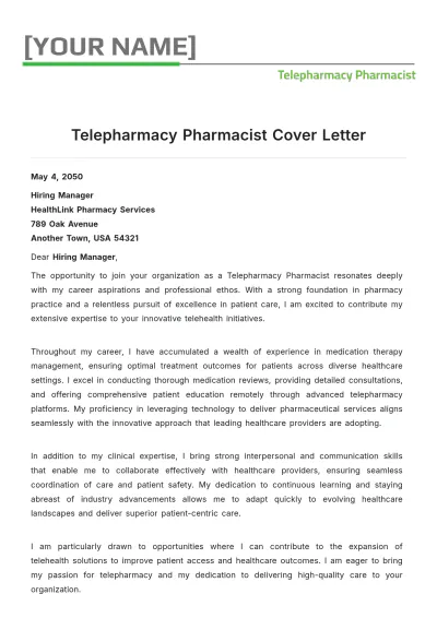 Free Telepharmacy Pharmacist Cover Letter to Edit Online