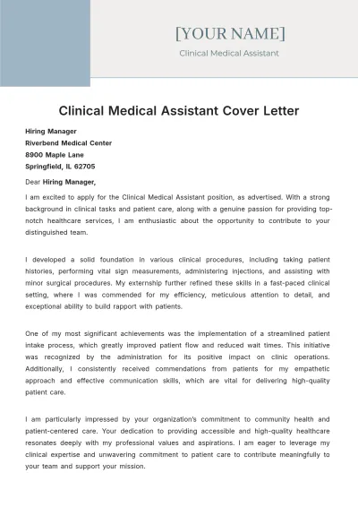 Free Clinical Medical Assistant Cover Letter to Edit Online