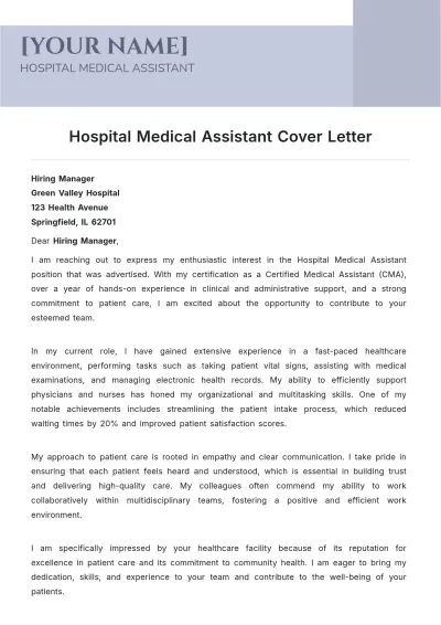 Free Hospital Medical Assistant Cover Letter to Edit Online