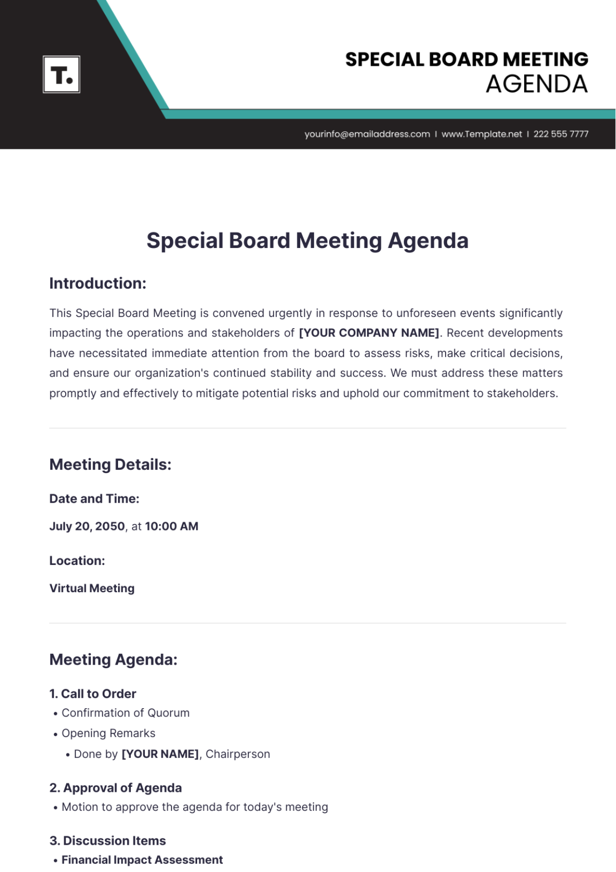 notice and agenda of a special meeting template word