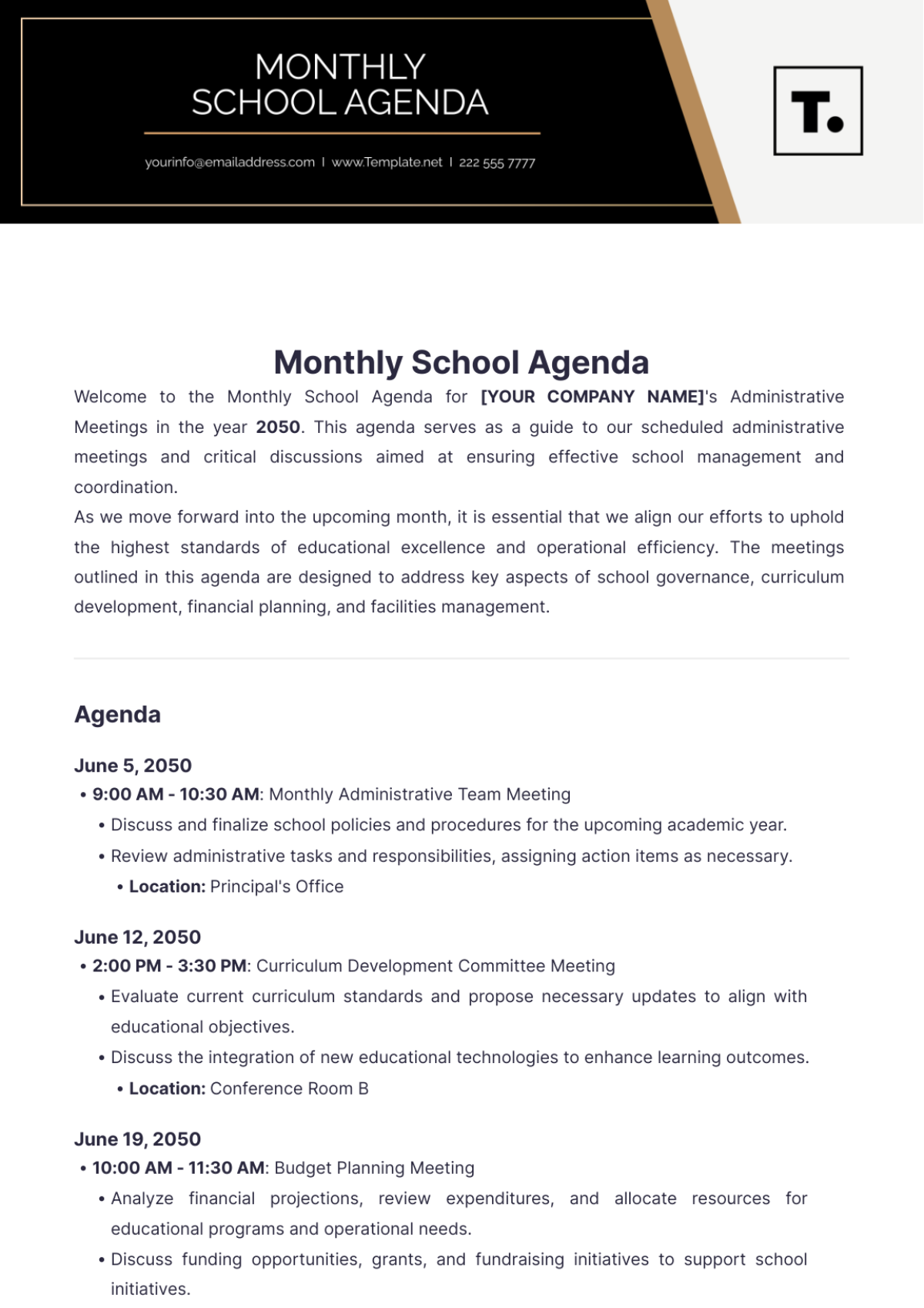 Monthly School Agenda Template - Edit Online & Download