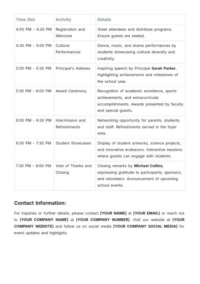 Free School Annual Day Agenda Template to Edit Online