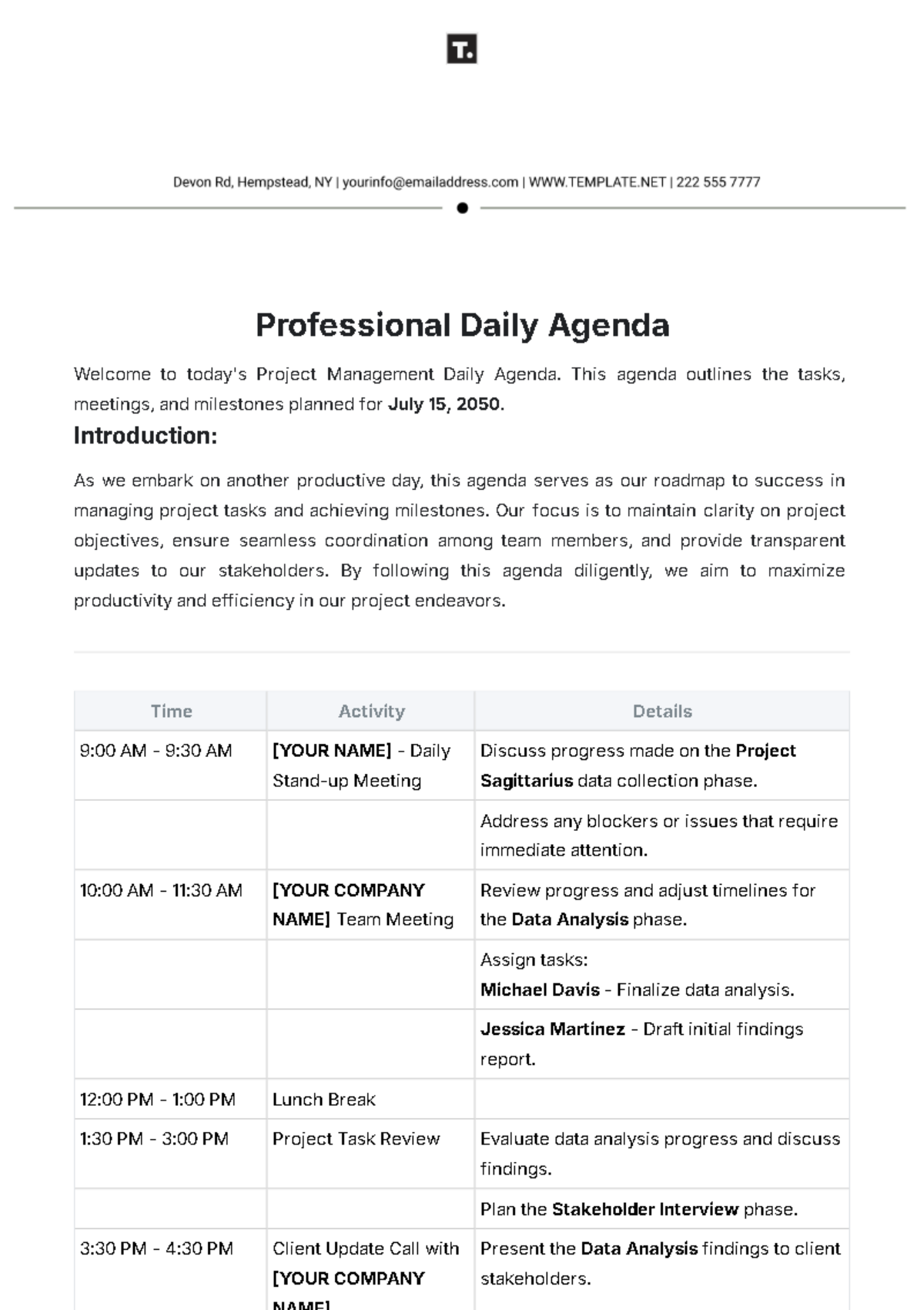 Professional Daily Agenda Template - Edit Online & Download