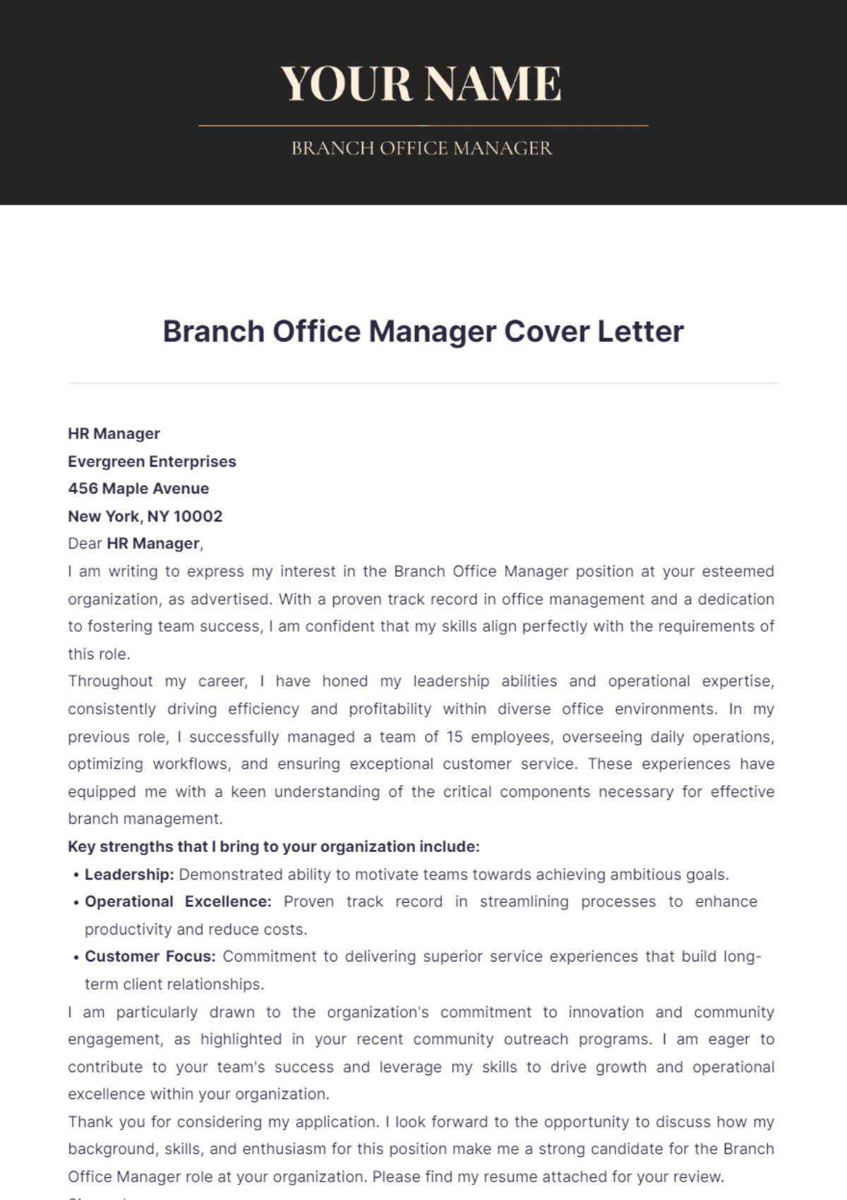 Branch Office Manager Cover Letter - Edit Online & Download