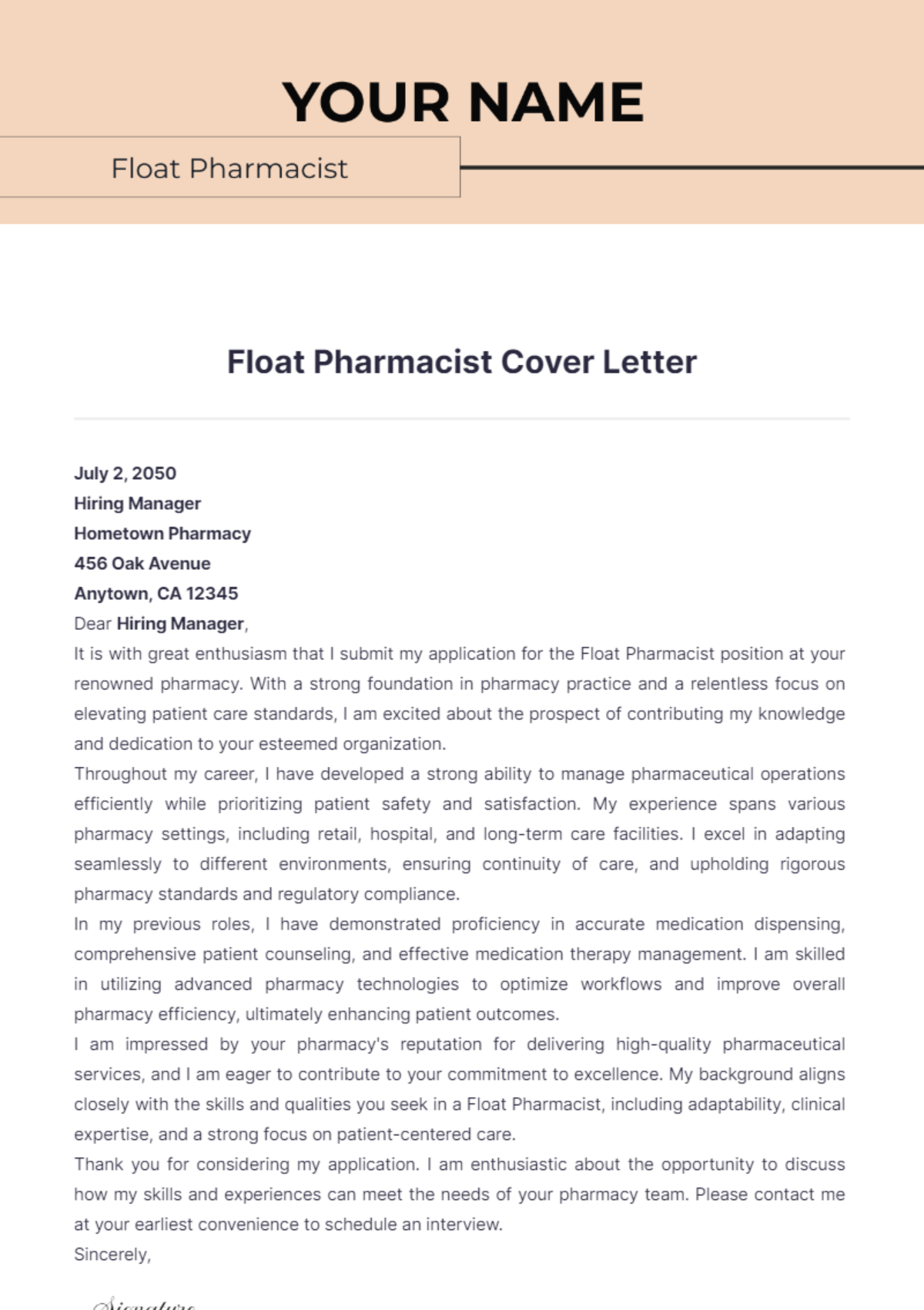 Float Pharmacist Cover Letter - Edit Online & Download