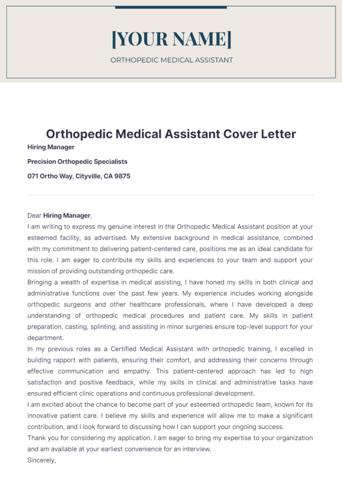 Orthopedic Medical Assistant Cover Letter - Edit Online & Download