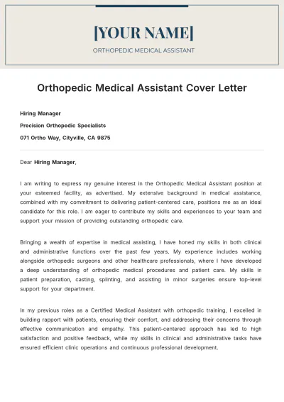 Free Orthopedic Medical Assistant Cover Letter to Edit Online