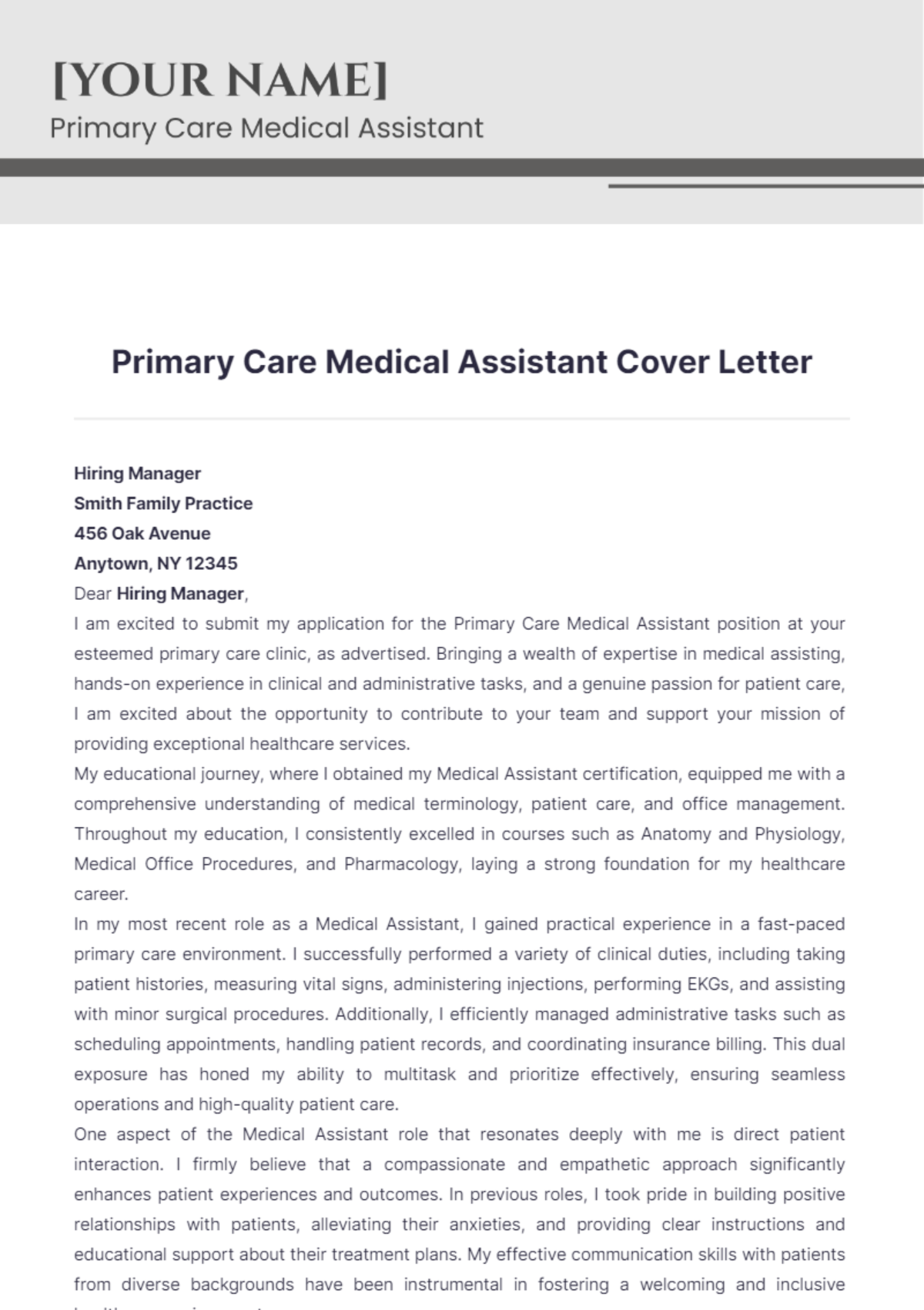 Primary Care Medical Assistant Cover Letter - Edit Online & Download