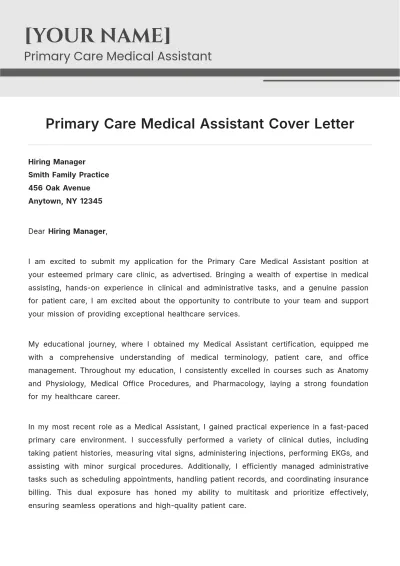Free Primary Care Medical Assistant Cover Letter to Edit Online