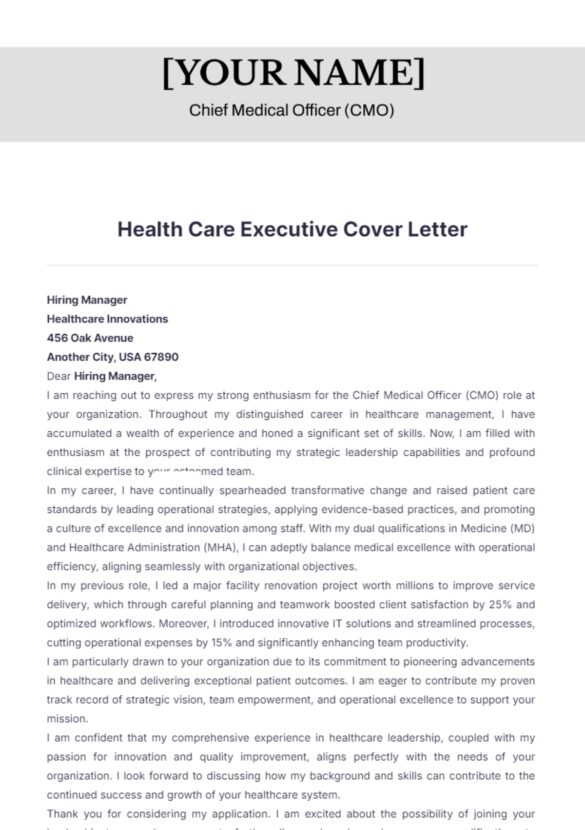 Health Care Executive Cover Letter - Edit Online & Download