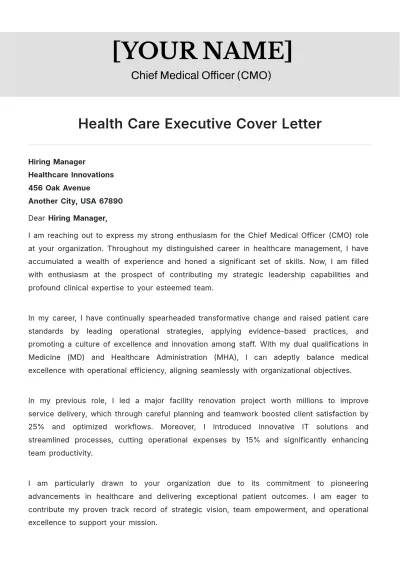 Free Health Care Executive Cover Letter to Edit Online