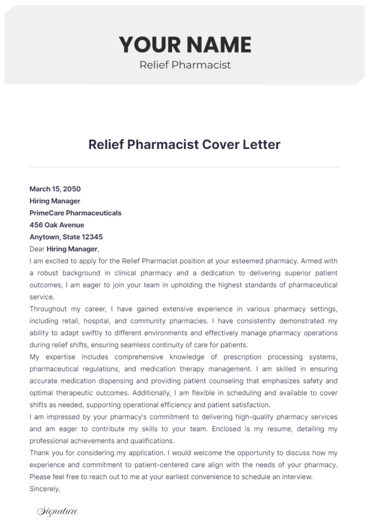 Relief Pharmacist Cover Letter - Edit Online & Download