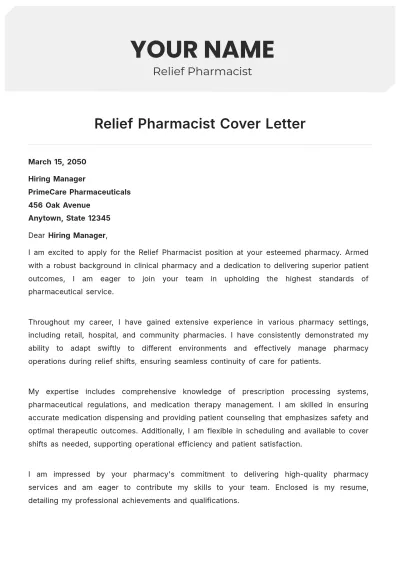 Free Relief Pharmacist Cover Letter to Edit Online