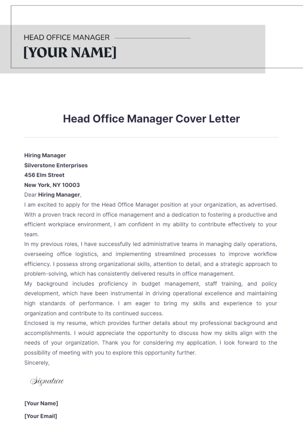 Head Office Manager Cover Letter - Edit Online & Download