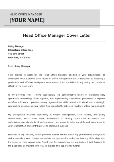 Free Head Office Manager Cover Letter to Edit Online