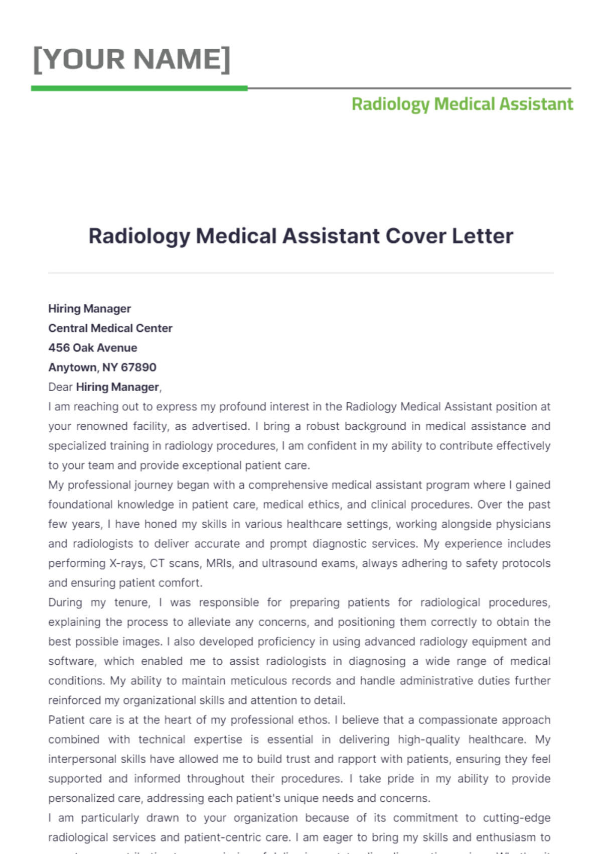 Radiology Medical Assistant Cover Letter - Edit Online & Download