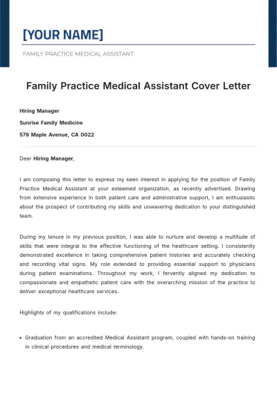 Free Family Practice Medical Assistant Cover Letter to Edit Online