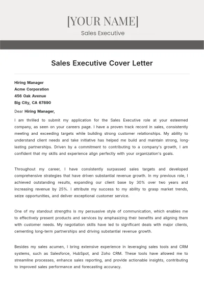 Free Sales Executive Cover Letter to Edit Online