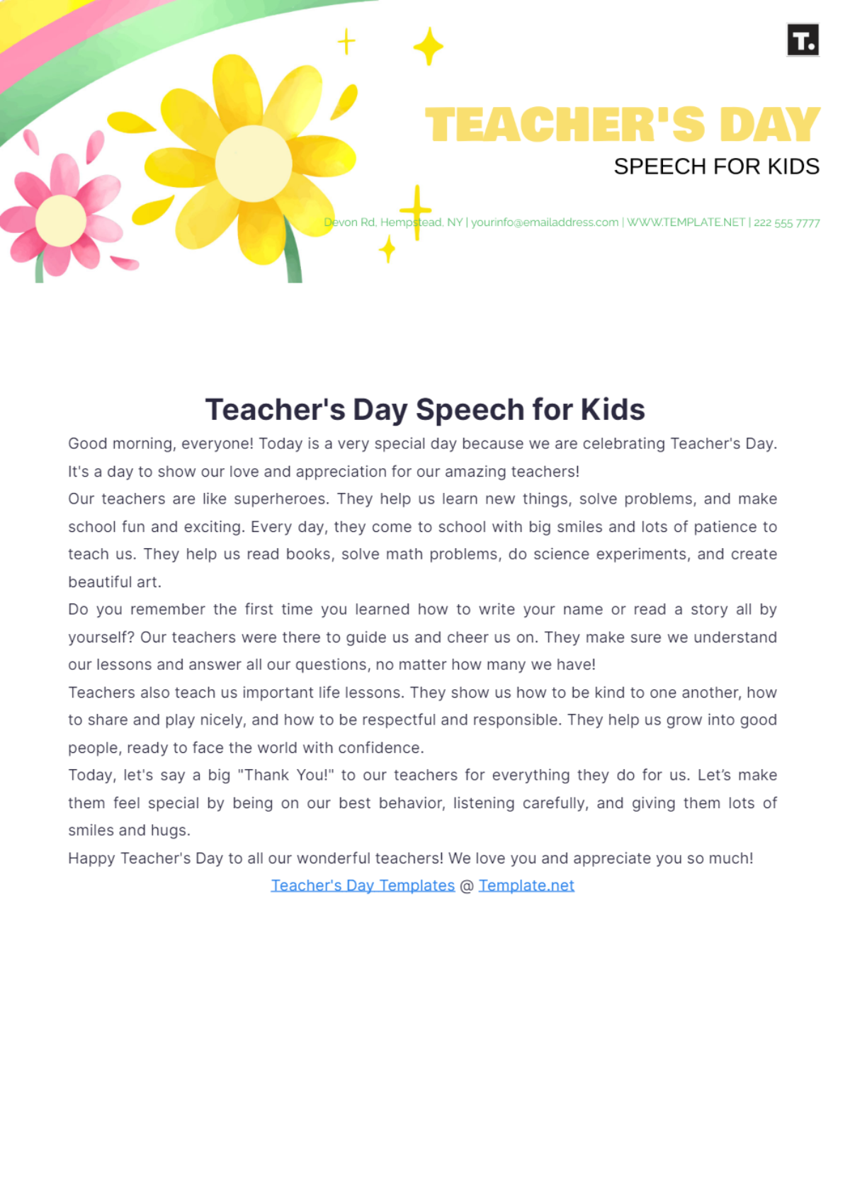 Teachers Day Speech for Kids - Edit Online & Download