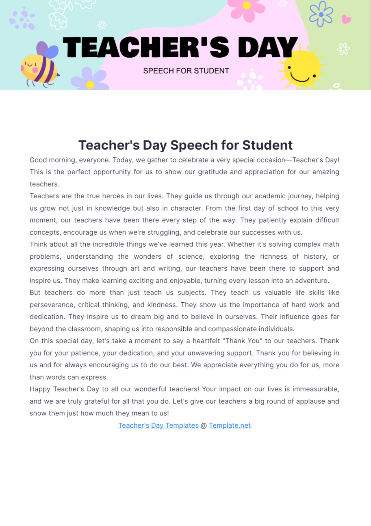 Teachers Day Speech for Student - Edit Online & Download