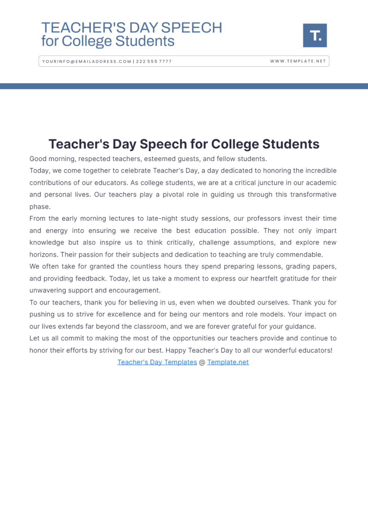 Teachers Day Speech for College Students - Edit Online & Download