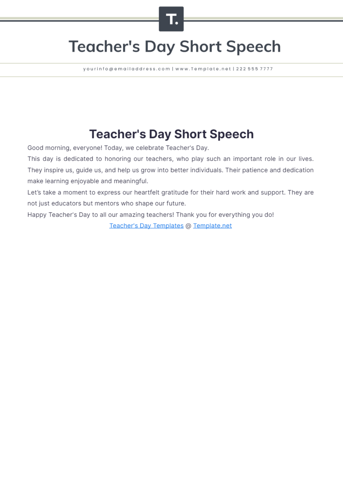 Teachers Day Short Speech - Edit Online & Download