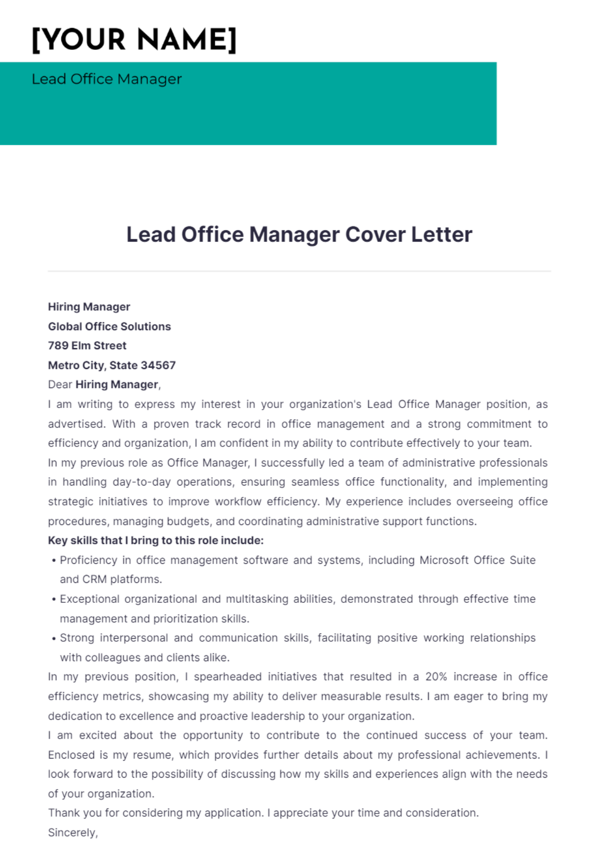 Lead Office Manager Cover Letter - Edit Online & Download