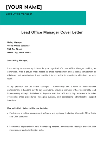 Free Lead Office Manager Cover Letter to Edit Online