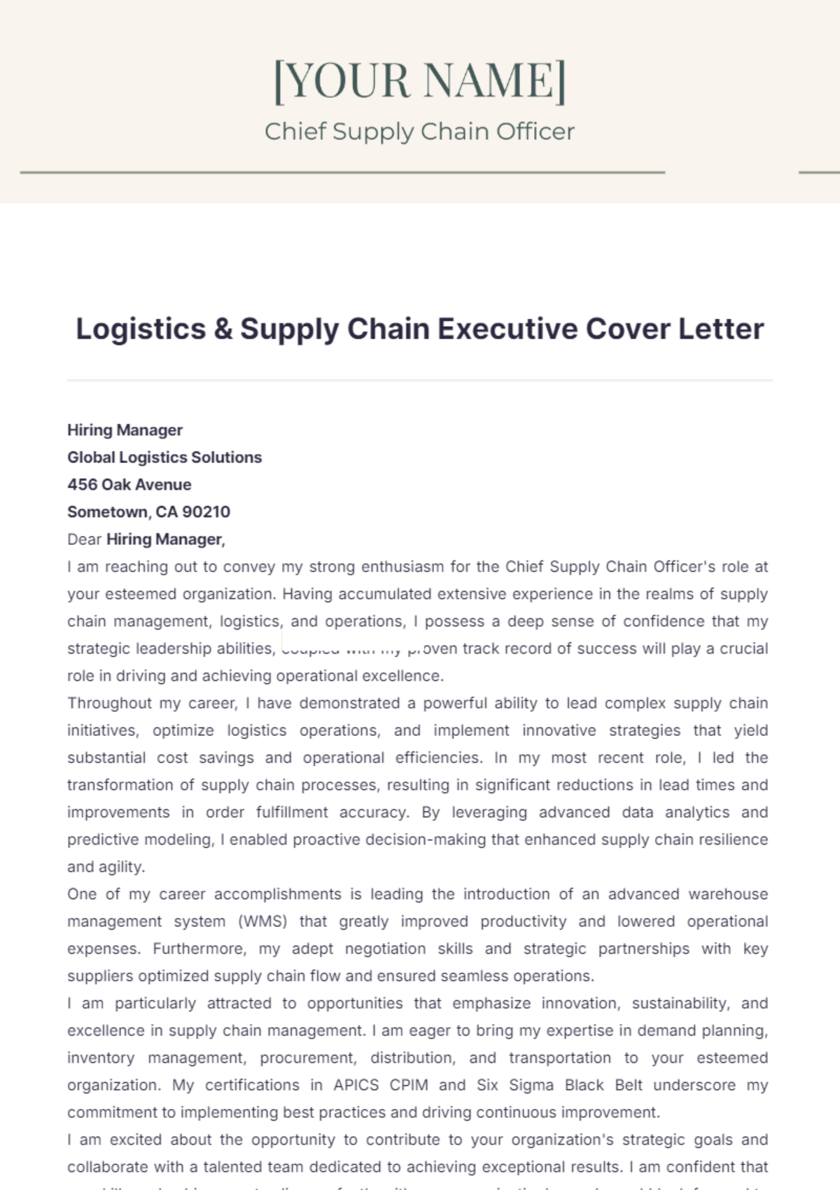 Logistics & Supply Chain Executive Cover Letter - Edit Online & Download