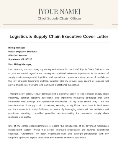 Free Logistics & Supply Chain Executive Cover Letter to Edit Online