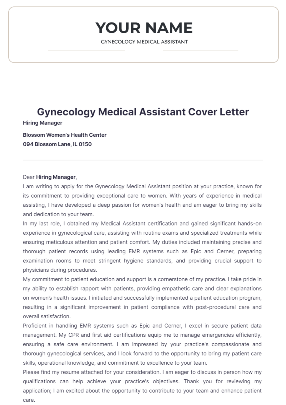 Gynecology Medical Assistant Cover Letter - Edit Online & Download