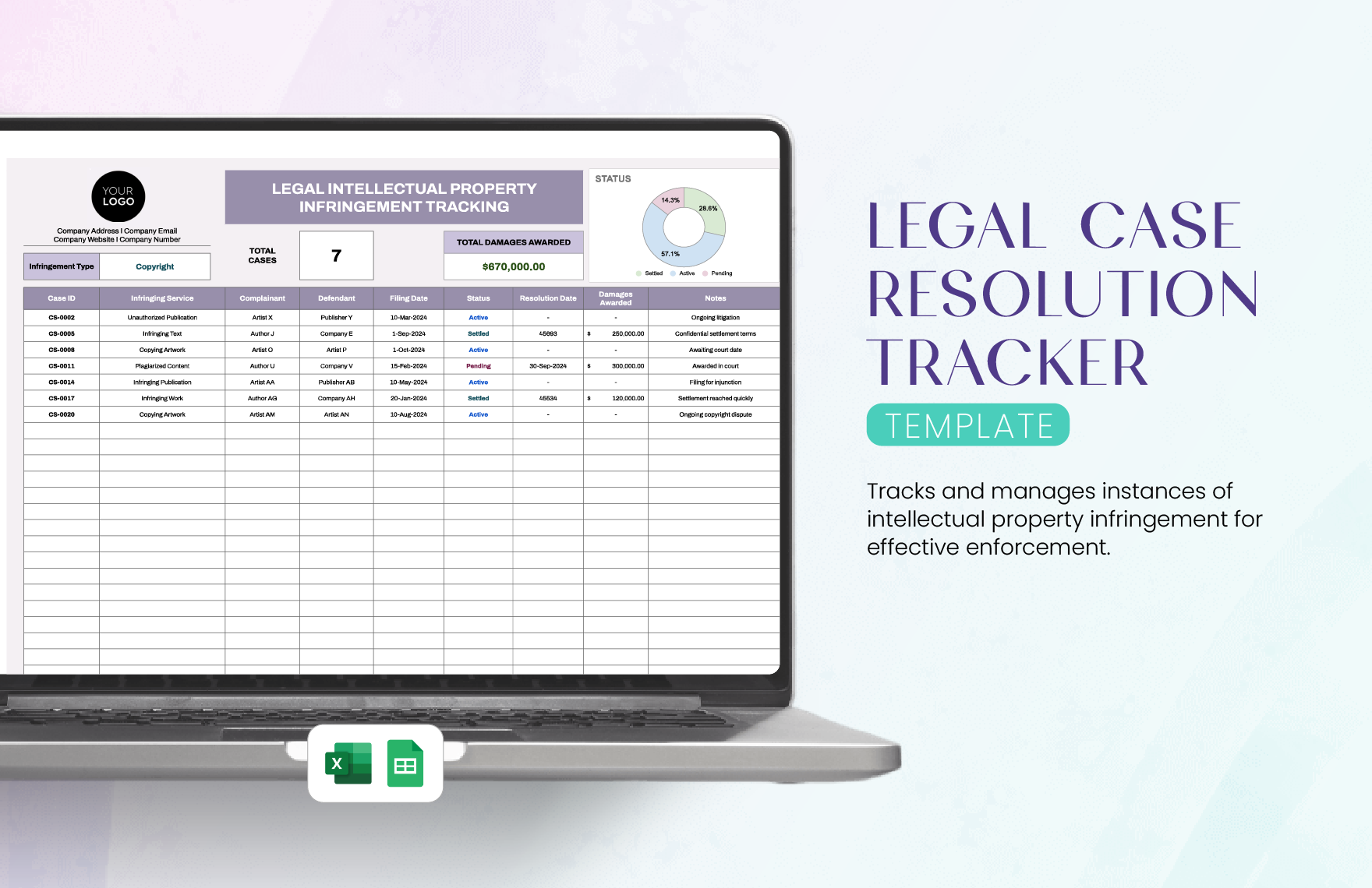Legal Intellectual Property Infringement Tracking Template in Excel, Google Sheets