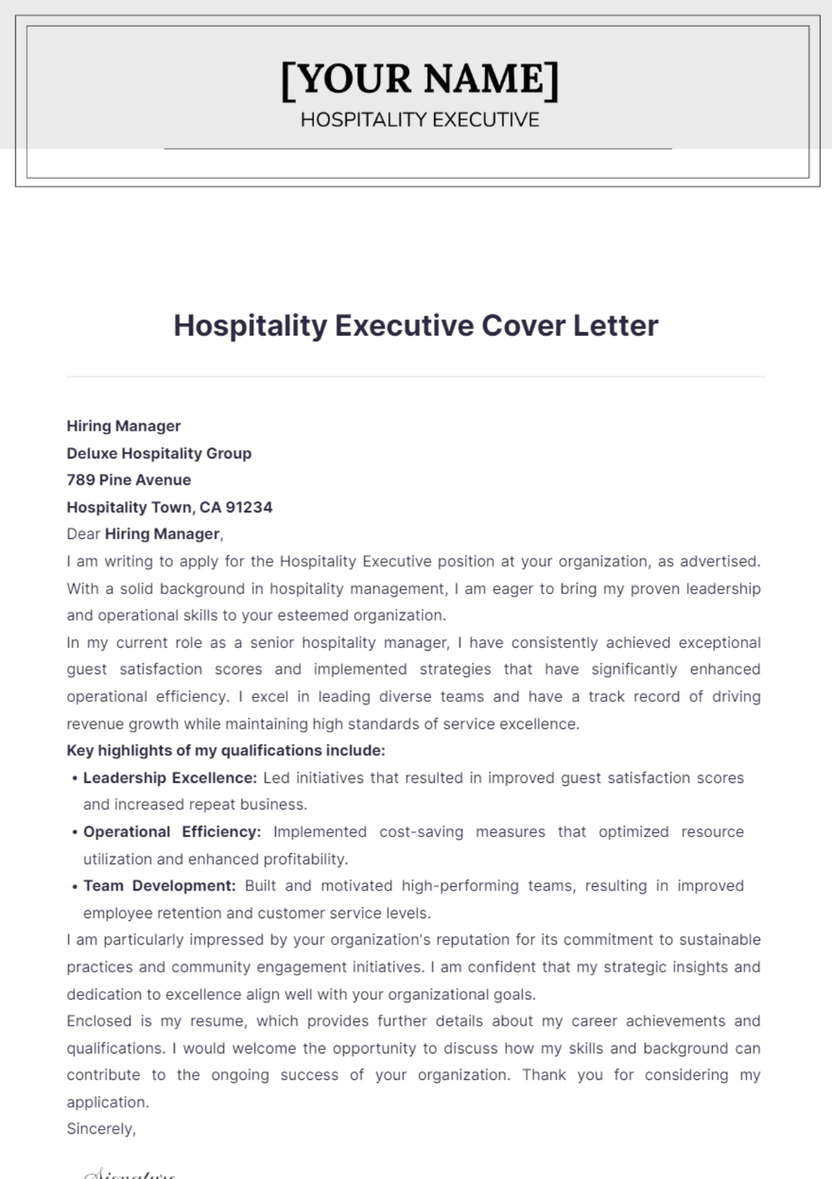 Hospitality Executive Cover Letter - Edit Online & Download