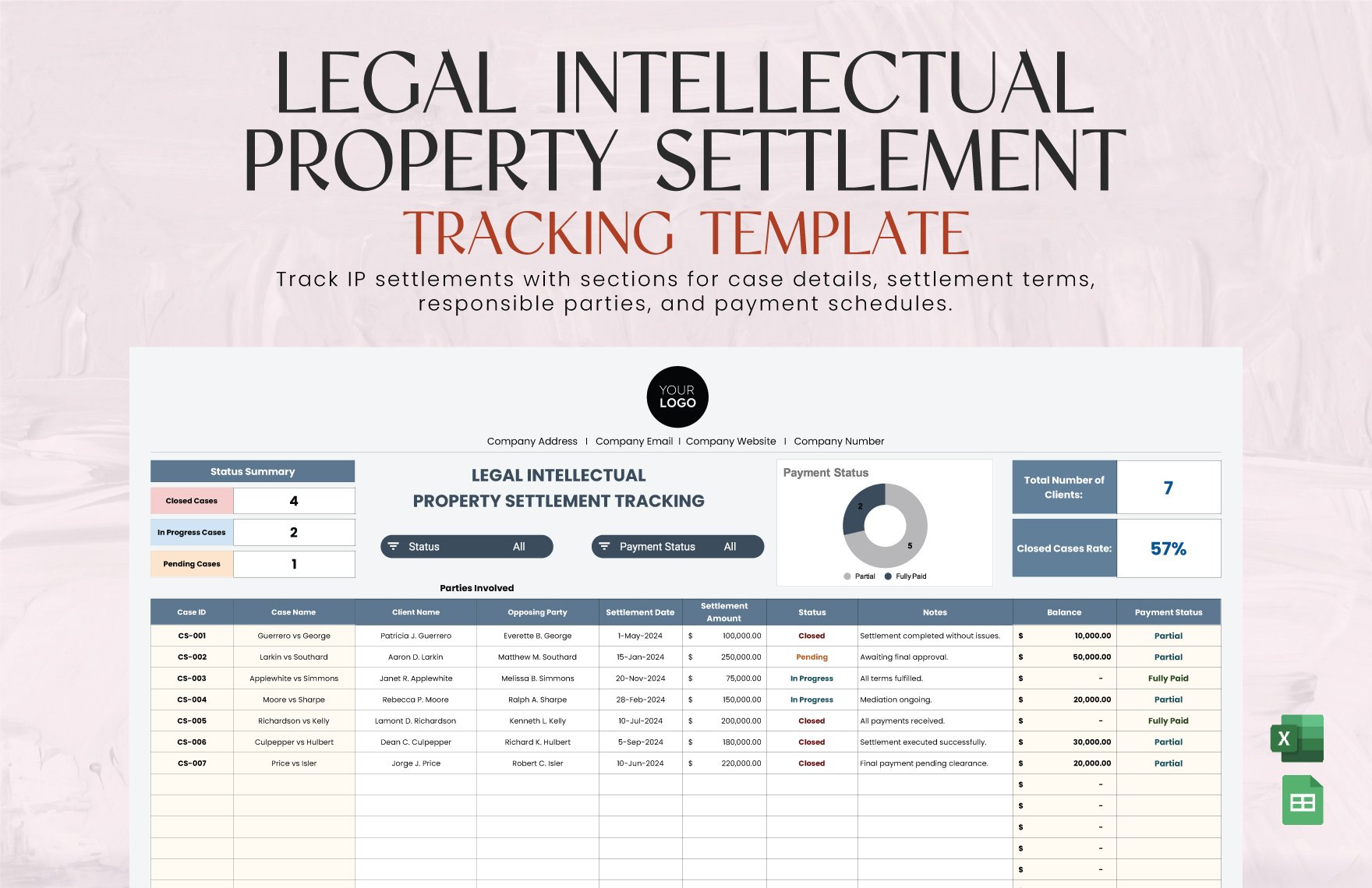 Legal Intellectual Property Settlement Tracking Template in Excel, Google Sheets