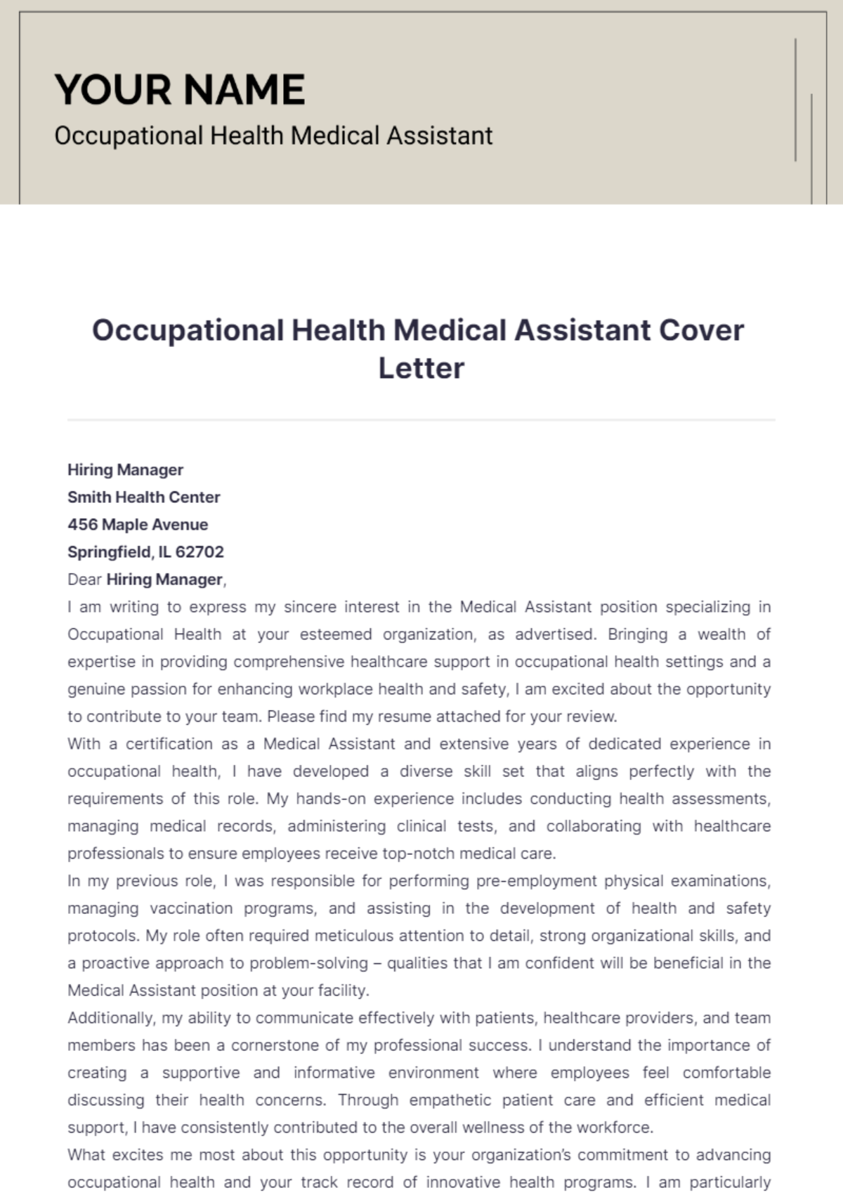 Occupational Health Medical Assistant Cover Letter - Edit Online & Download