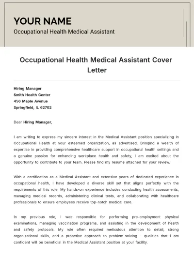 Free Occupational Health Medical Assistant Cover Letter to Edit Online