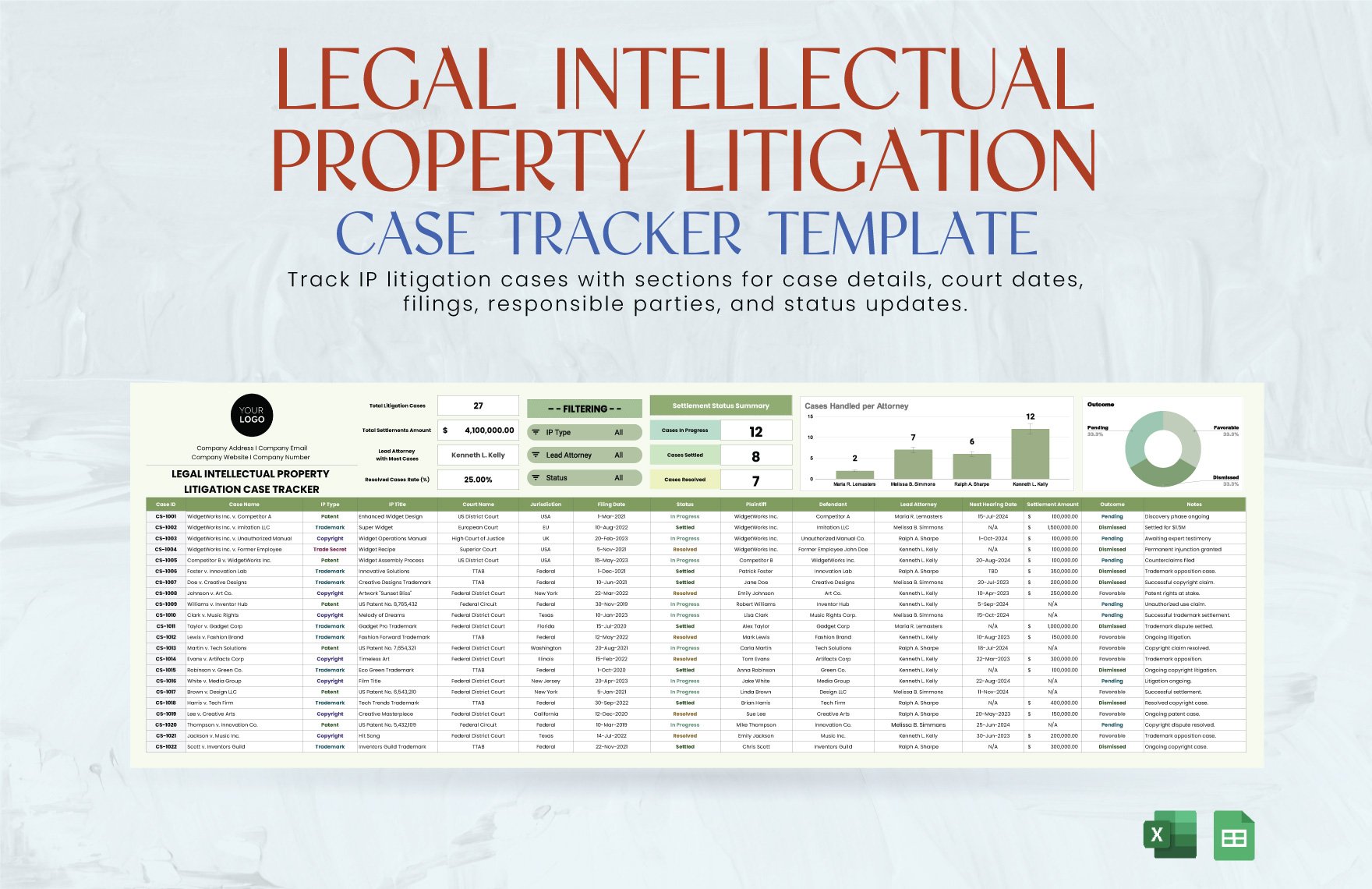 Legal Intellectual Property Litigation Case Tracker Template in Excel, Google Sheets