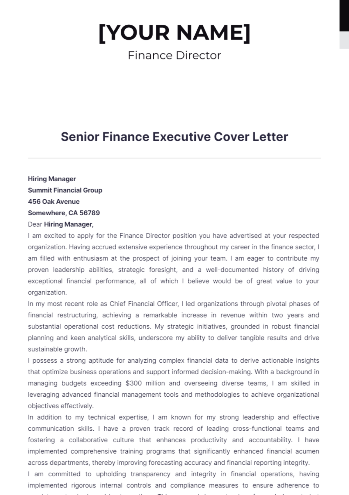 Senior Finance Executive Cover Letter - Edit Online & Download