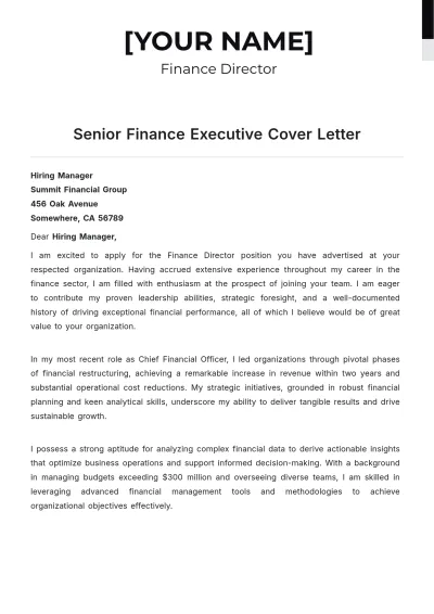 Free Senior Finance Executive Cover Letter to Edit Online