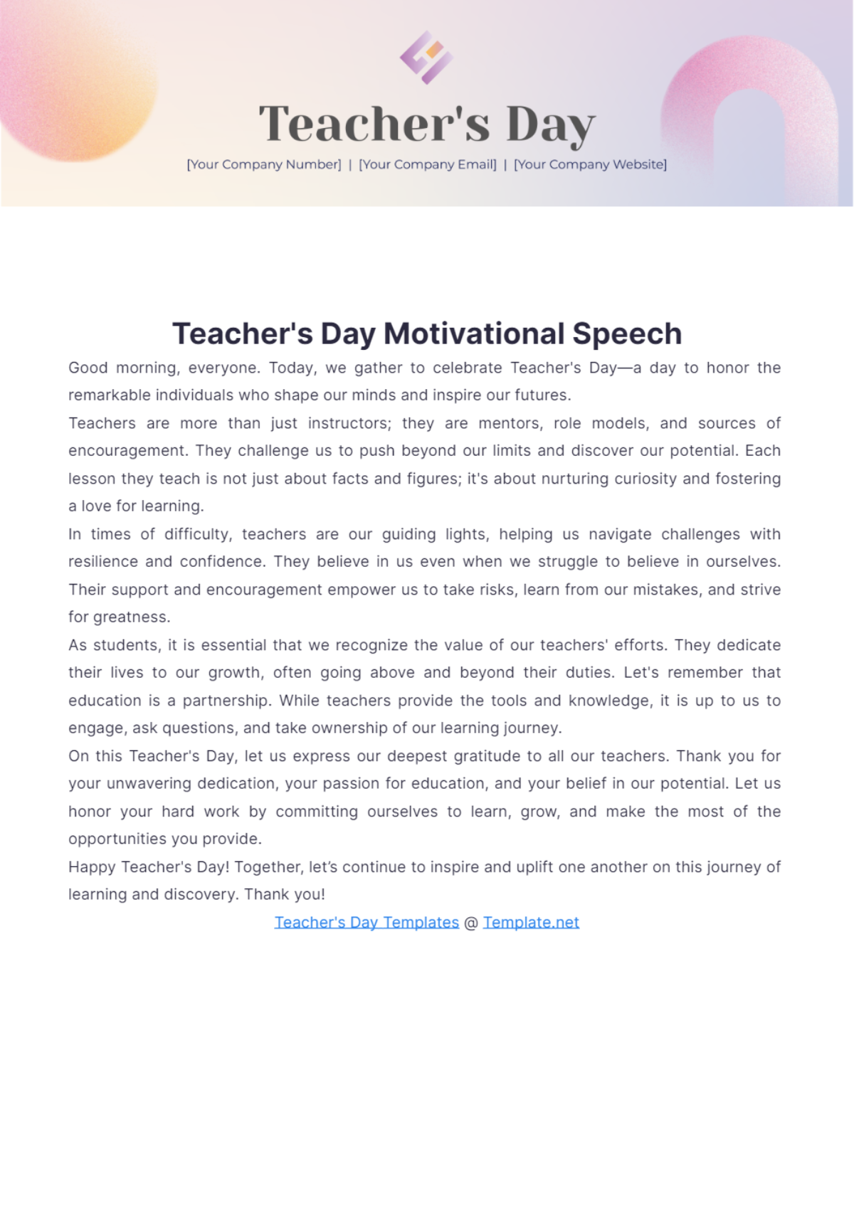 Teachers Day Motivational Speech - Edit Online & Download