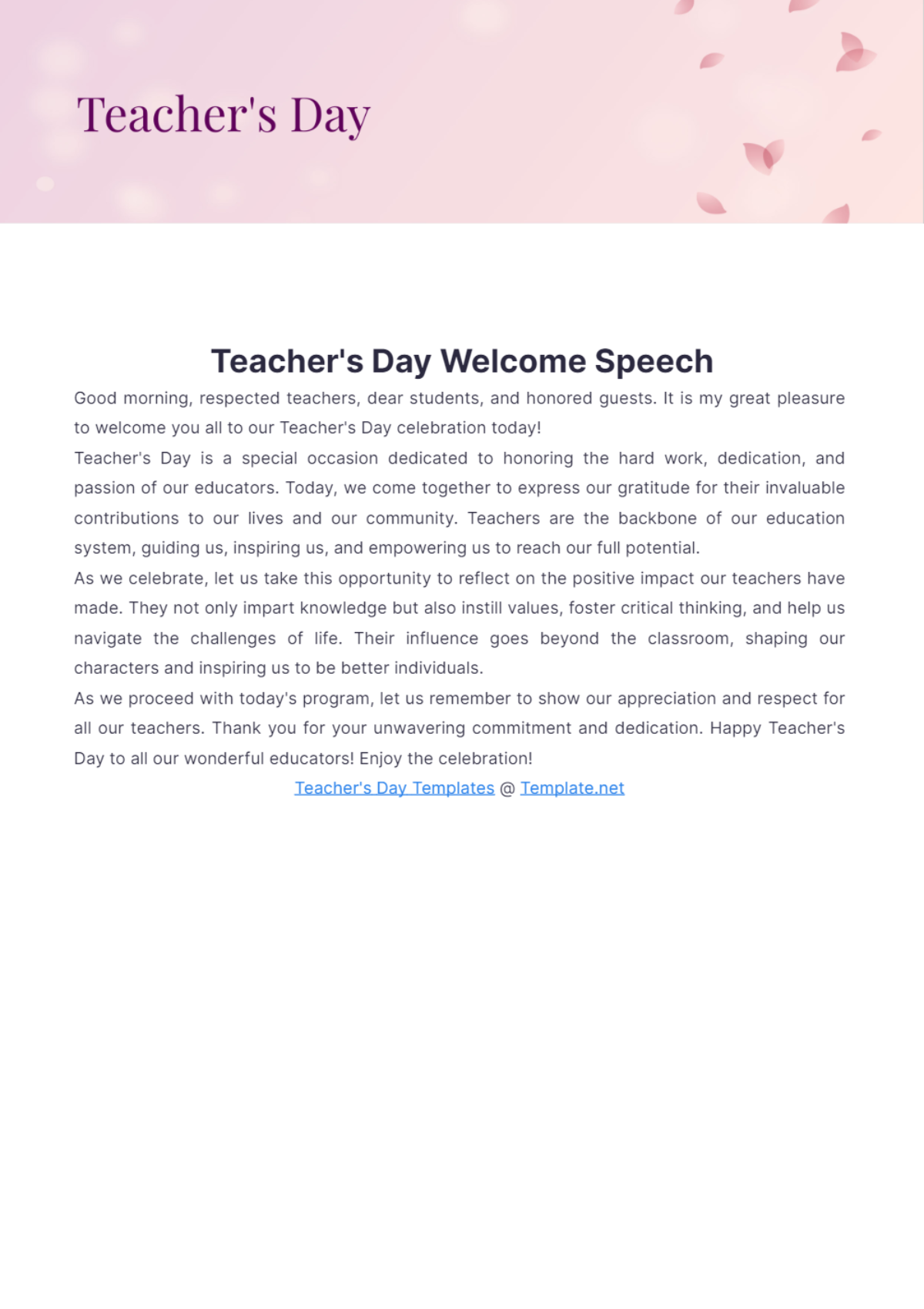 Teachers Day Welcome Speech - Edit Online & Download