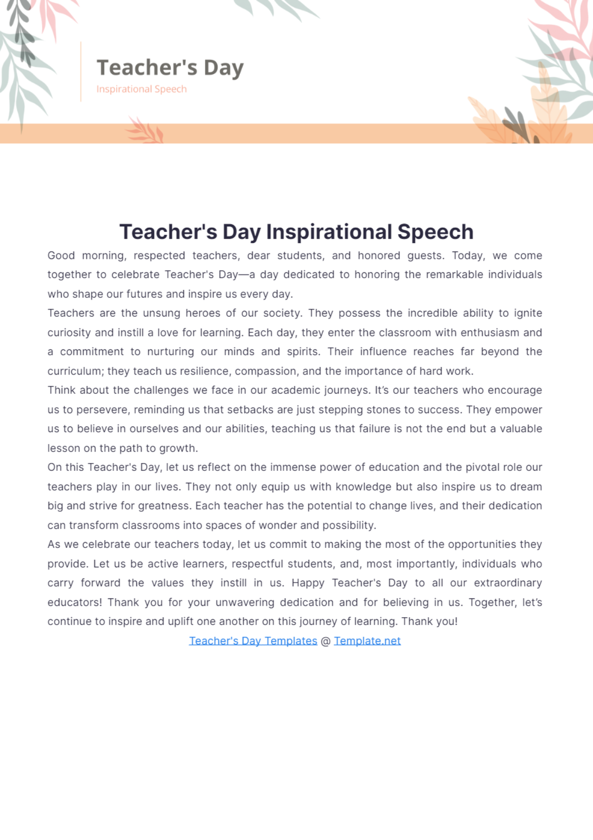 Teachers Day Inspirational Speech - Edit Online & Download