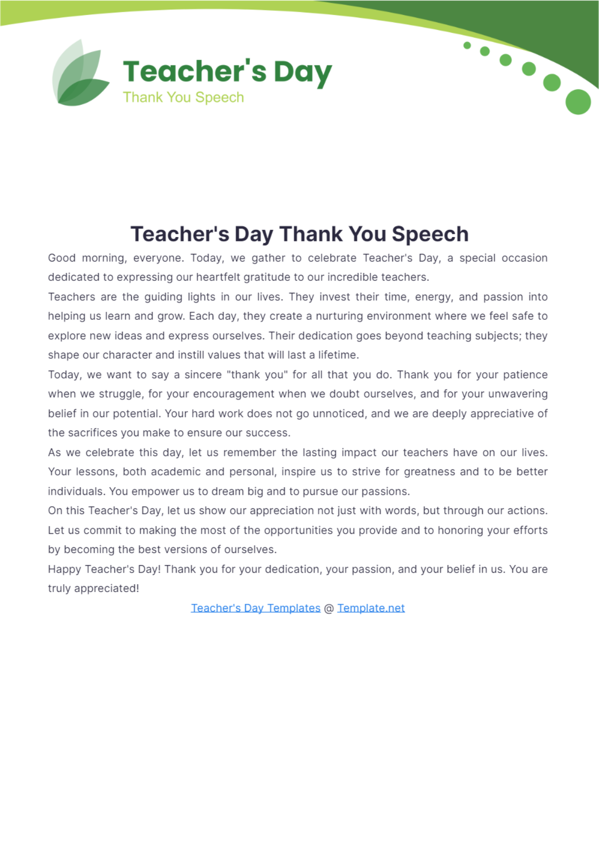 Teachers Day Thankyou Speech - Edit Online & Download