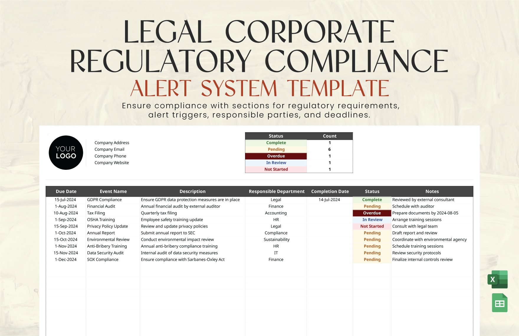 Legal Corporate Regulatory Compliance Alert System Template in Excel, Google Sheets
