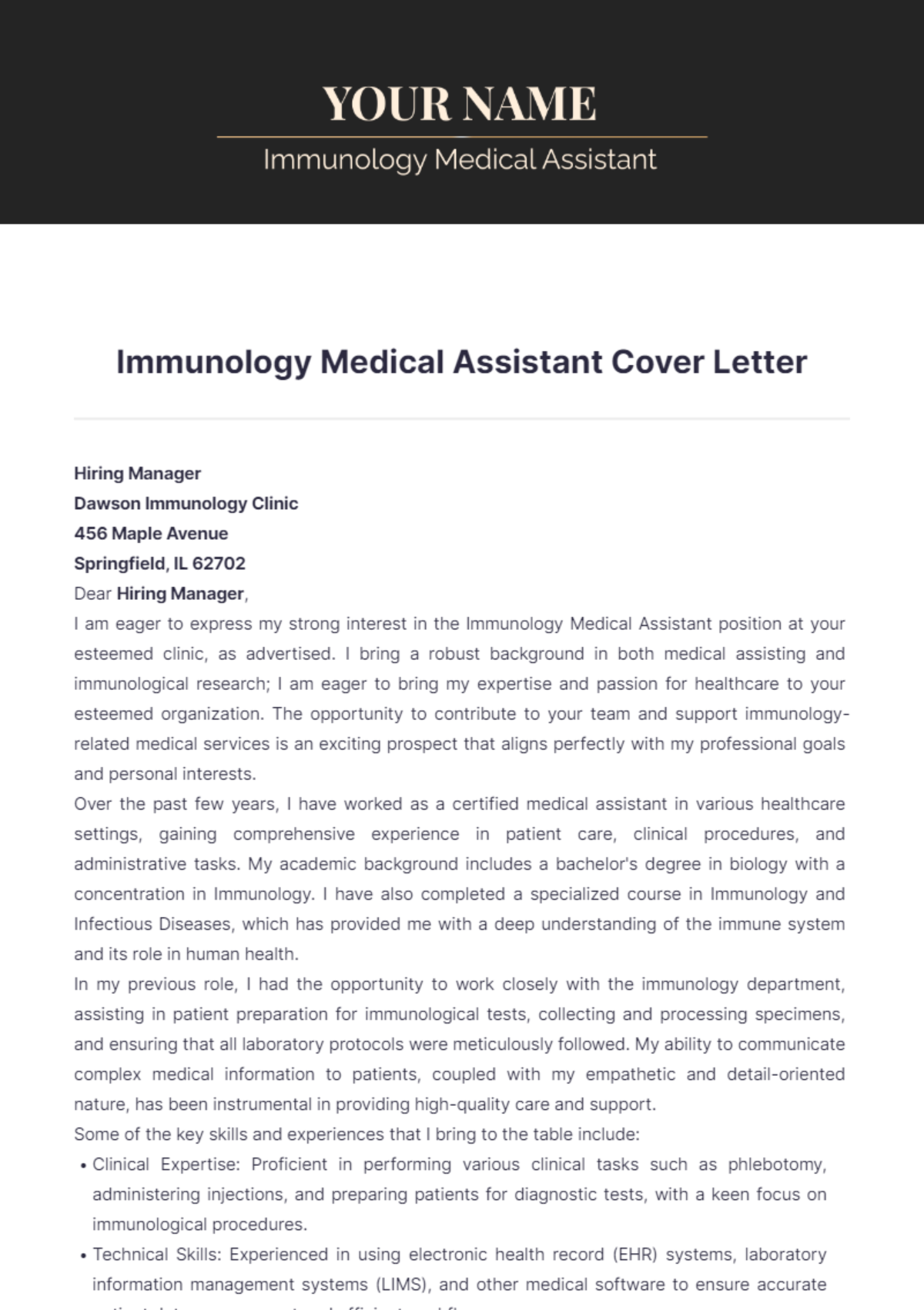 Immunology Medical Assistant Cover Letter - Edit Online & Download