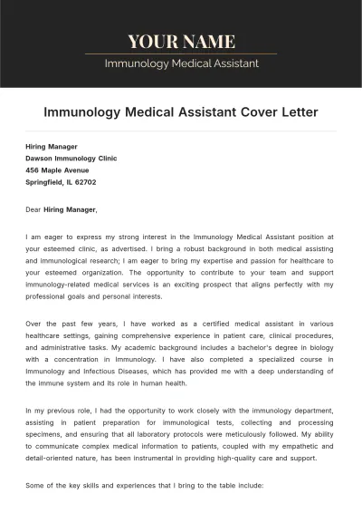 Free Immunology Medical Assistant Cover Letter to Edit Online