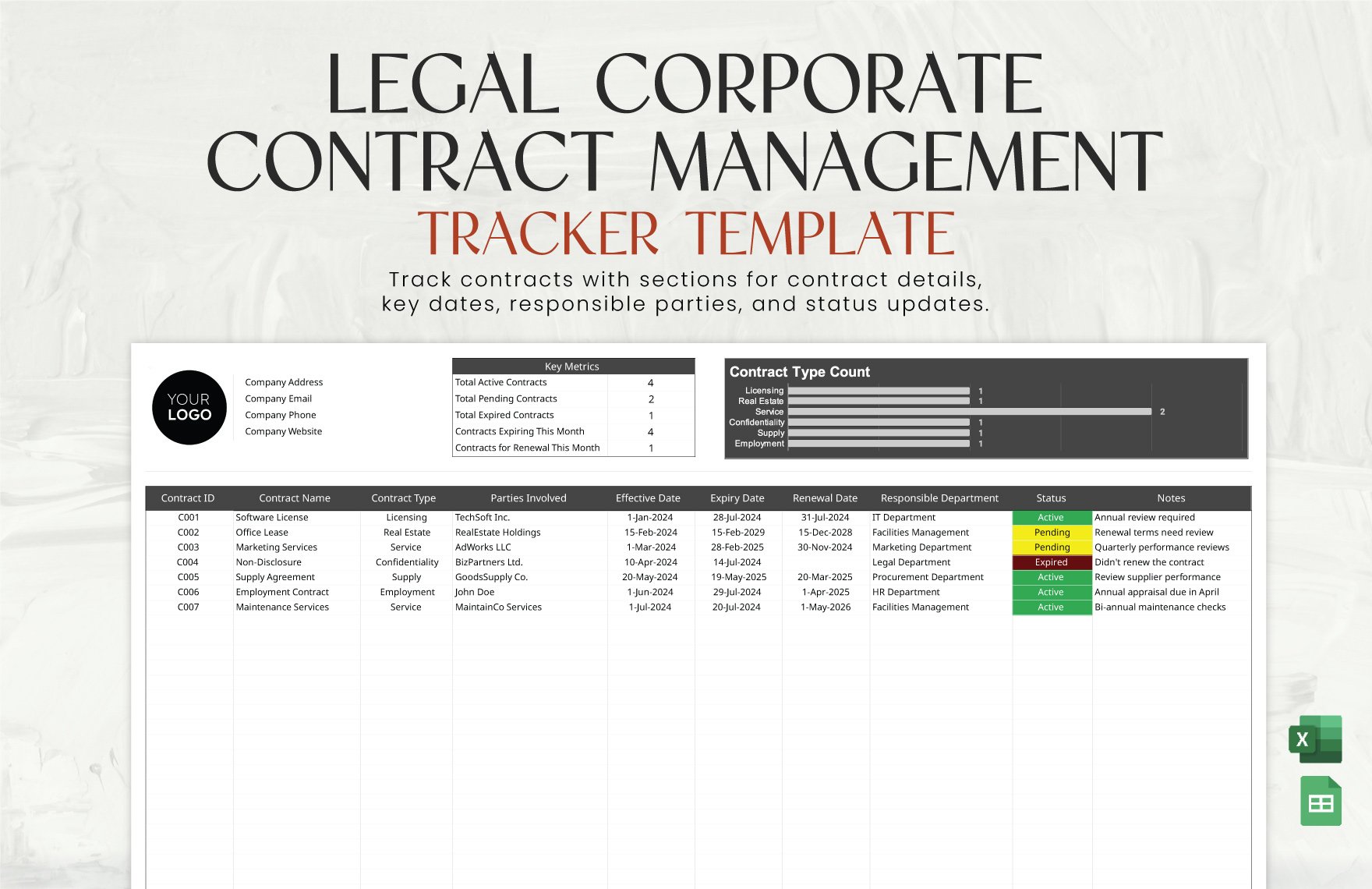 Legal Corporate Contract Management Tracker Template in Excel, Google Sheets