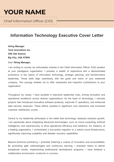 Free Information Technology Executive Cover Letter to Edit Online